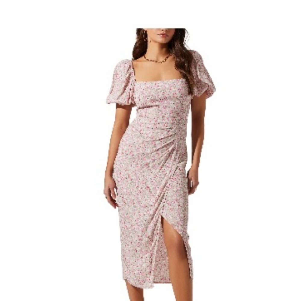 Astr Pink Ruched Slit Midi Dress